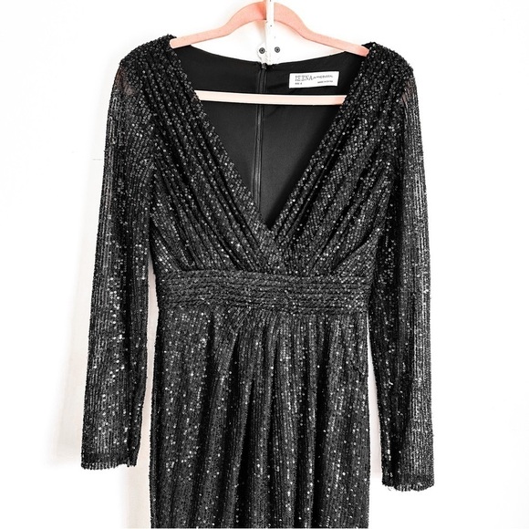 Ieena for Mac Duggal Black Long Sleeve Deep Surplice V-Neck Sequin Gown 6 - Picture 7 of 13